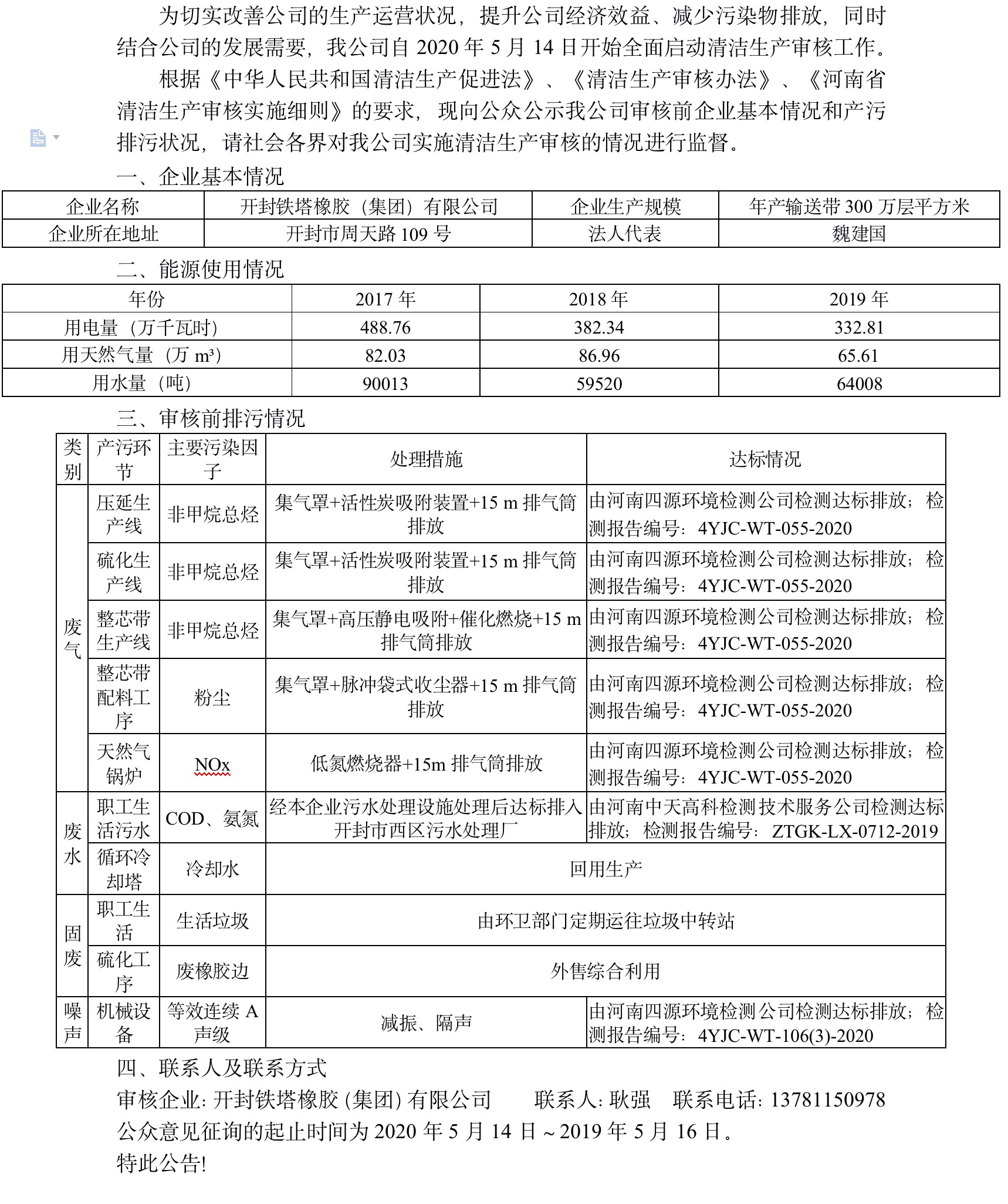 開封鐵塔橡膠（集團）有限公司清潔生產審核第一次公示